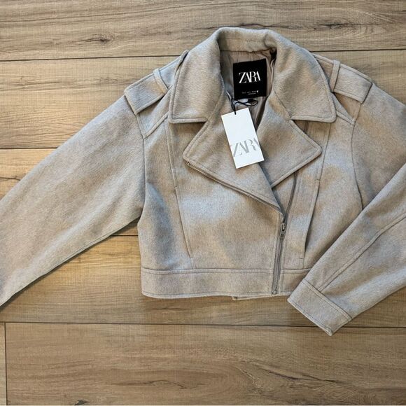 Zara Small S Felt Textured Crop Biker Jacket tan beige Women’s NWT - Picture 8 of 9